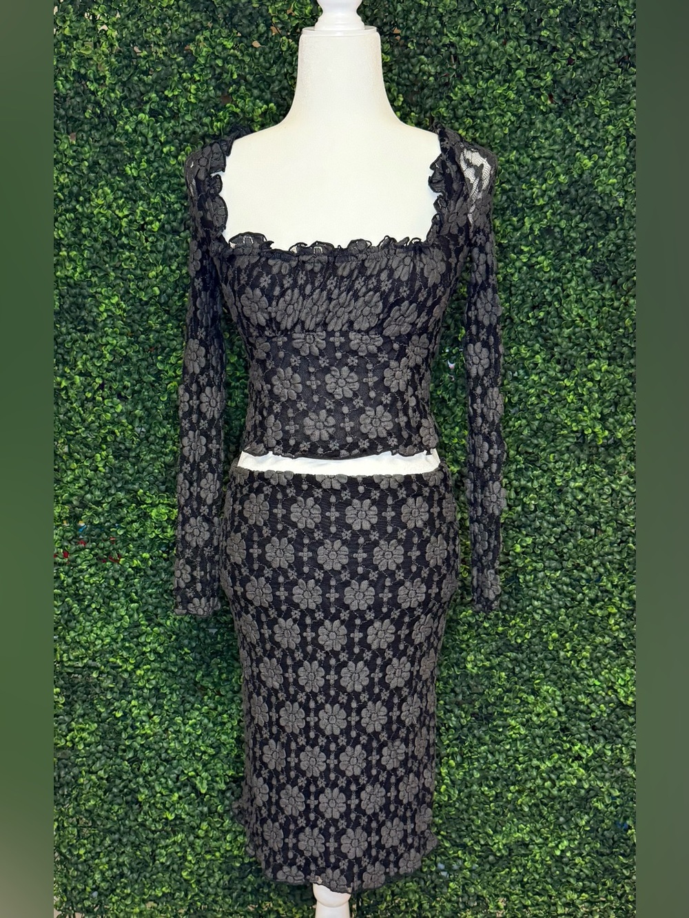 Free People Lucinda Lace Midi Skirt Set Black XS NWT 🖤